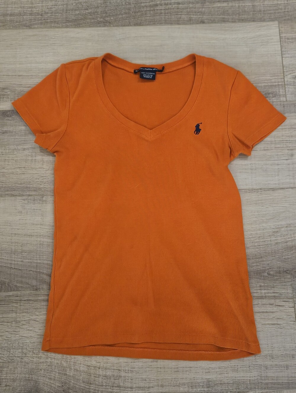 Ralph Lauren Sport Womens Small Orange V Neck Pony Logo Short Sleeve Tee Shirt